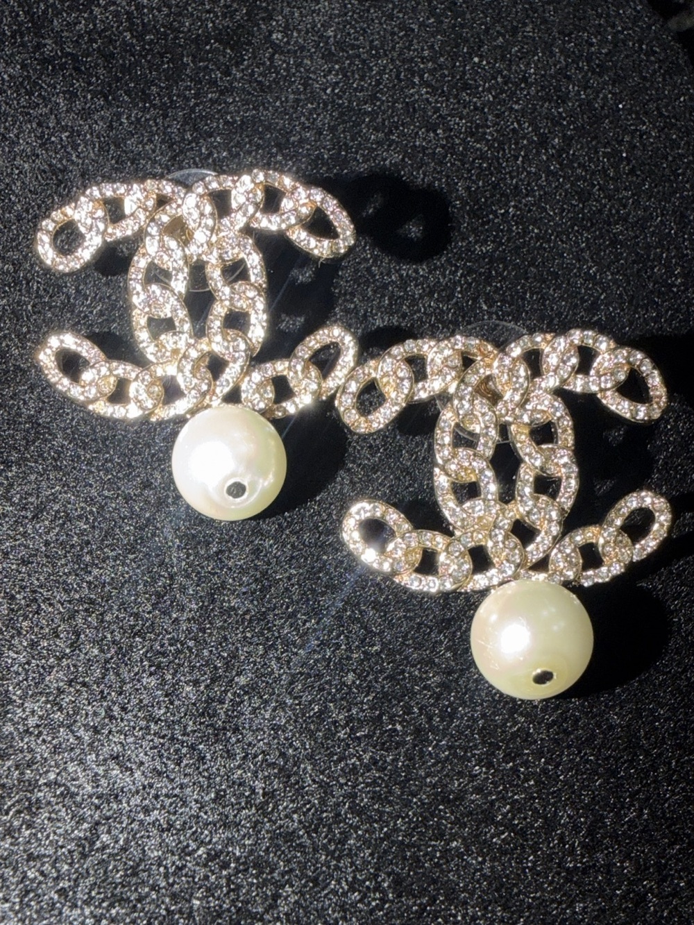CHANEL Gold Crystal CC Chain Earrings with Pearl Drops